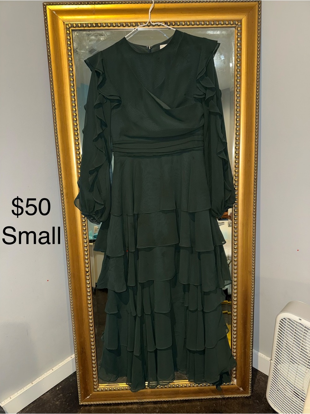 Elegant Dark Green Ruffle Midi Dress - Small